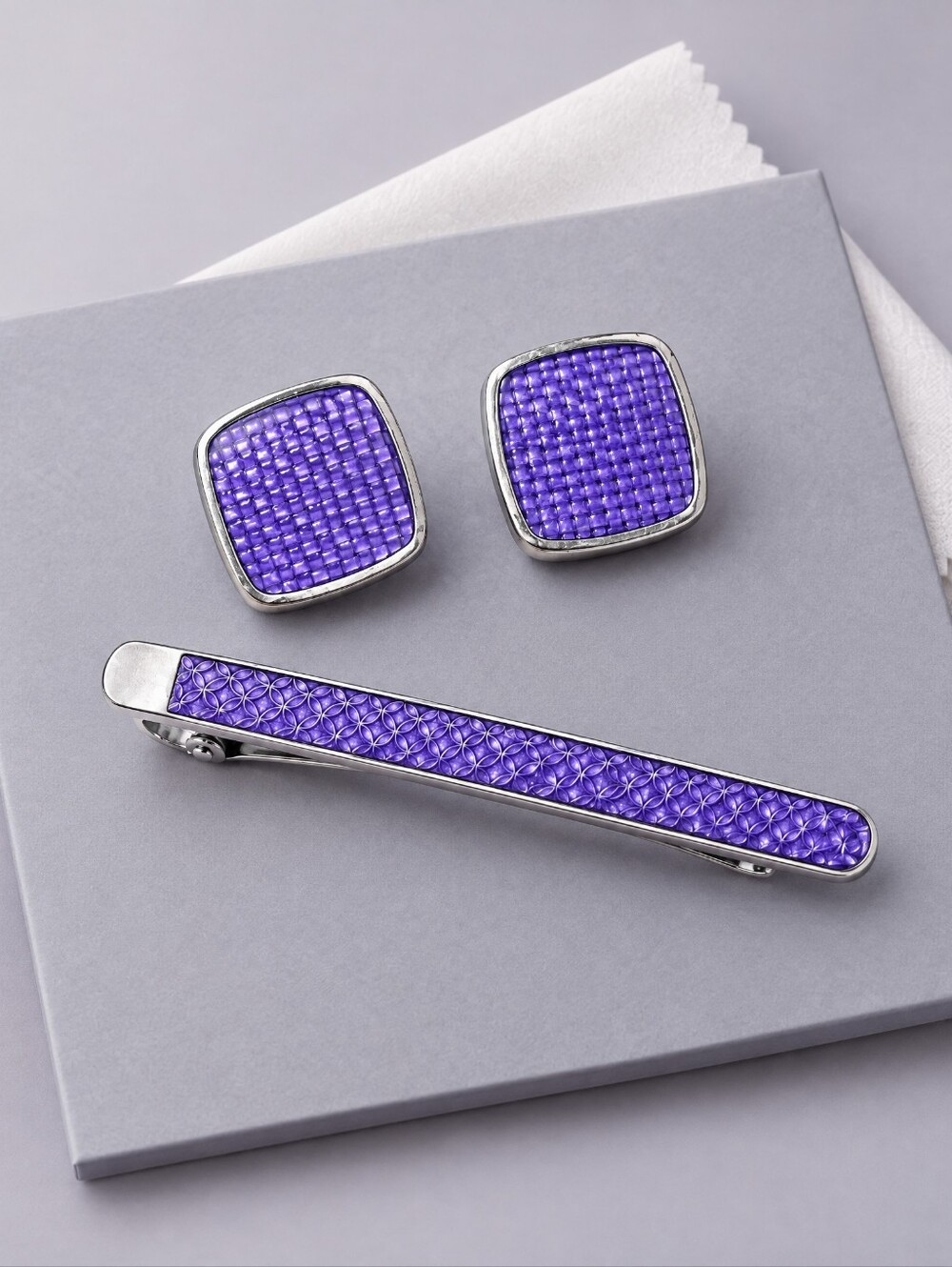 Perry Ellis Portfolio Purple Textured Cufflinks & Tie Clip Set Silver Tone